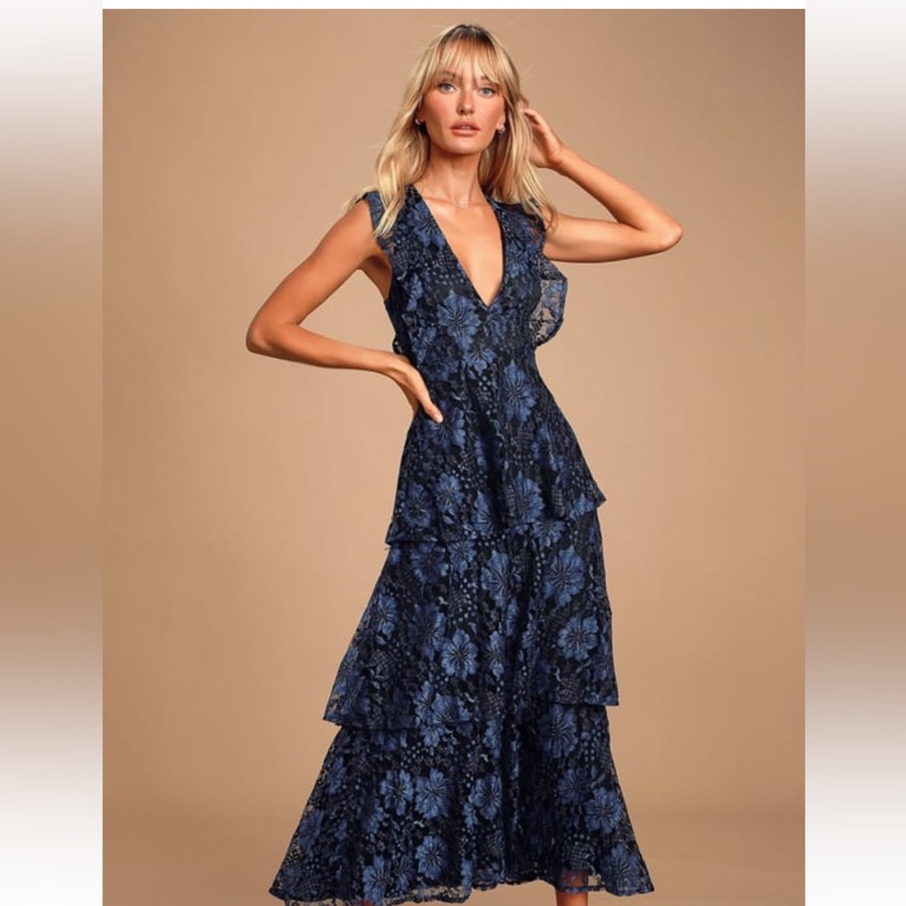 Navy blue lace ruffled tiered sleeveless maxi dress